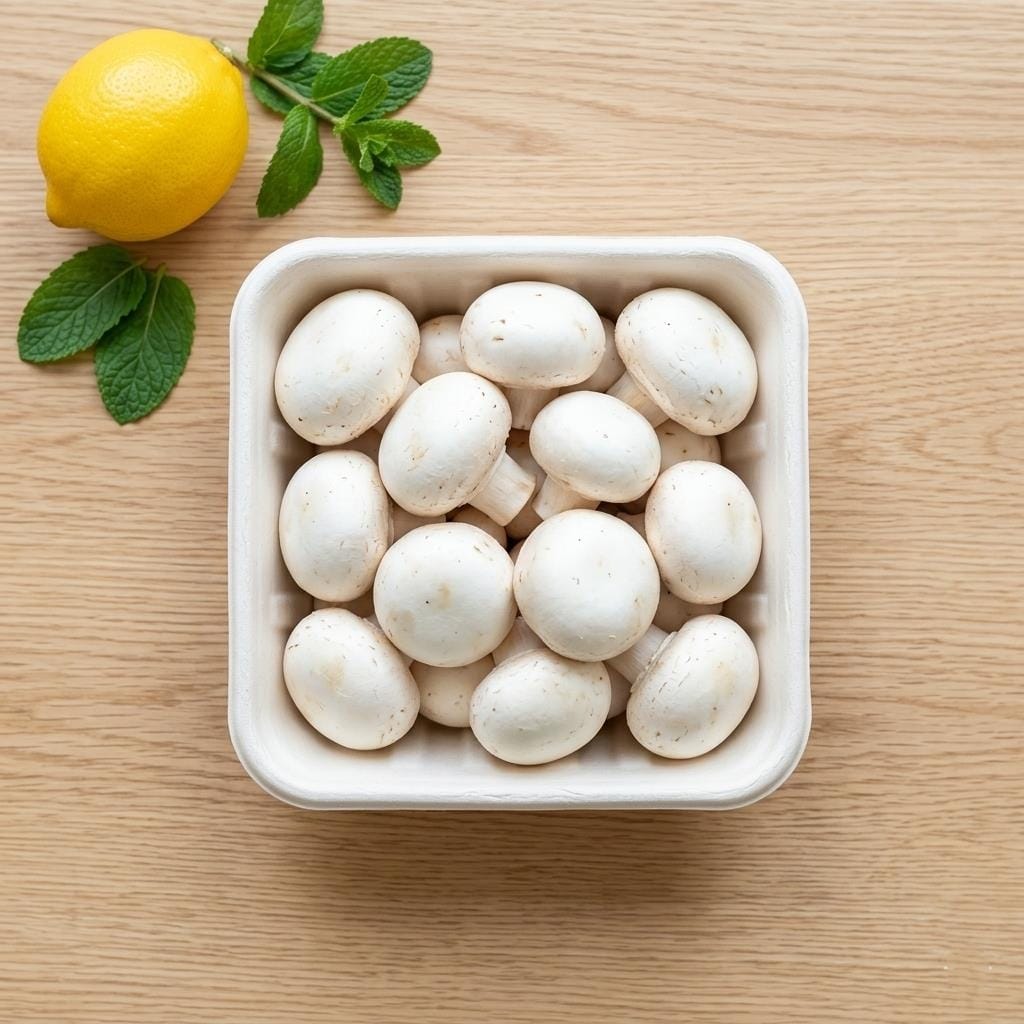 Plateau de champignons compostable emballé avec des champignons frais pour la vente au détail