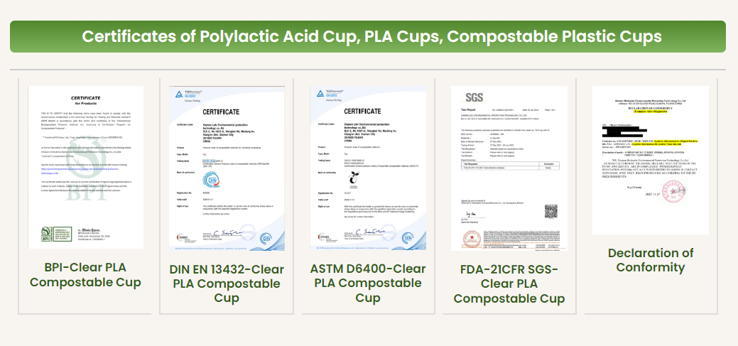 Klarer kompostierbarer PLA-Becher mit Zertifizierungen wie BPI EN 13432 ASTM D6400 FDA und Konformitätserklärung