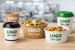 Custom printed paper cups and bowls with logo branding for OEM food packaging