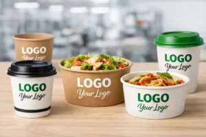 Custom printed paper cups and bowls with logo branding for OEM food packaging
