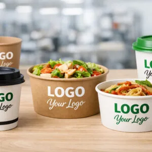 Custom printed paper cups and bowls with logo branding for OEM food packaging