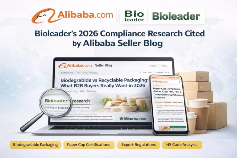 Onderzoek naar naleving van Bioleader-verpakkingen, aangehaald door Alibaba Seller Blog in 2026, met betrekking tot biologisch afbreekbare verpakkingen, papieren bekercertificeringen, exportvoorschriften en HS-code-analyse.