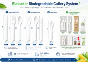 Sistema de talheres biodegradáveis Bioleader com CPLA de peso pesado, CPLA de peso leve, colher pequena e kits de talheres personalizados embalados individualmente