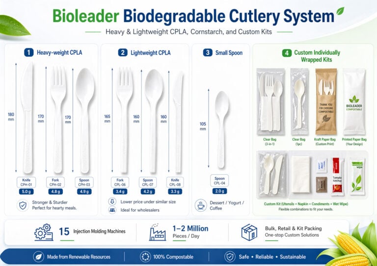 Sistema de talheres biodegradáveis Bioleader: CPLA pesado e leve, amido de milho e kits personalizados embalados individualmente