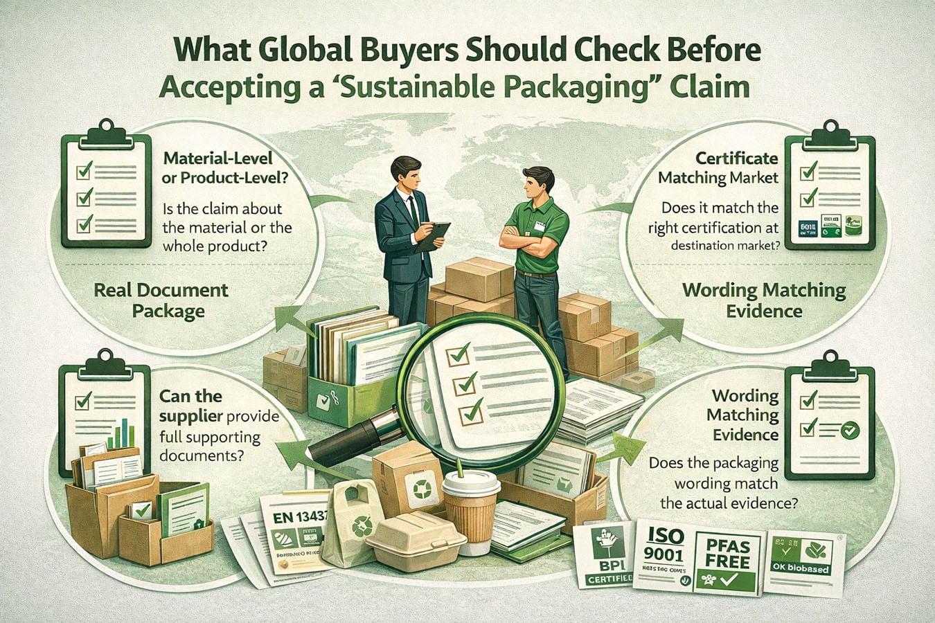 Global buyers checking sustainable food packaging claims, certification scope, and supplier compliance documents