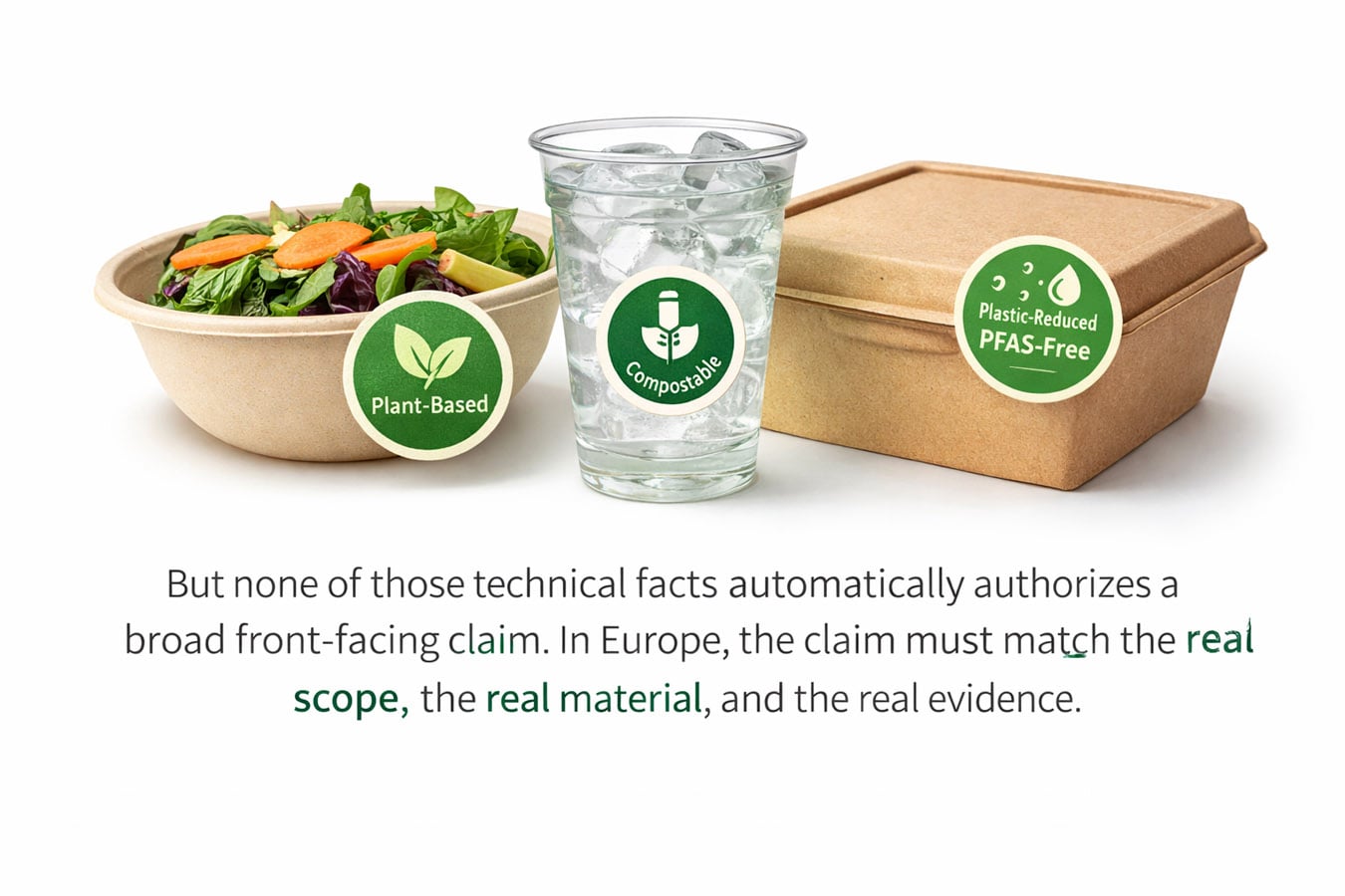 High-risk packaging claims in Europe showing plant-based bowl, compostable PLA cup, and PFAS-free paper container