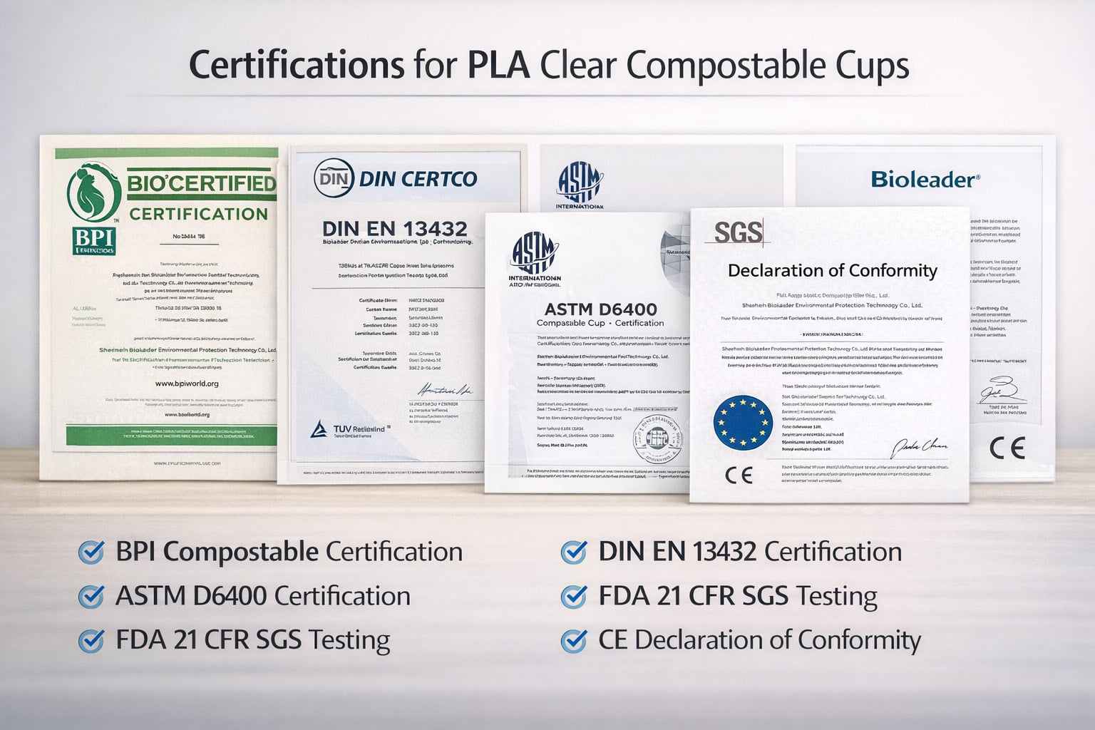 Klarer kompostierbarer PLA-Becher mit Zertifizierungen wie BPI EN 13432 ASTM D6400 FDA und Konformitätserklärung