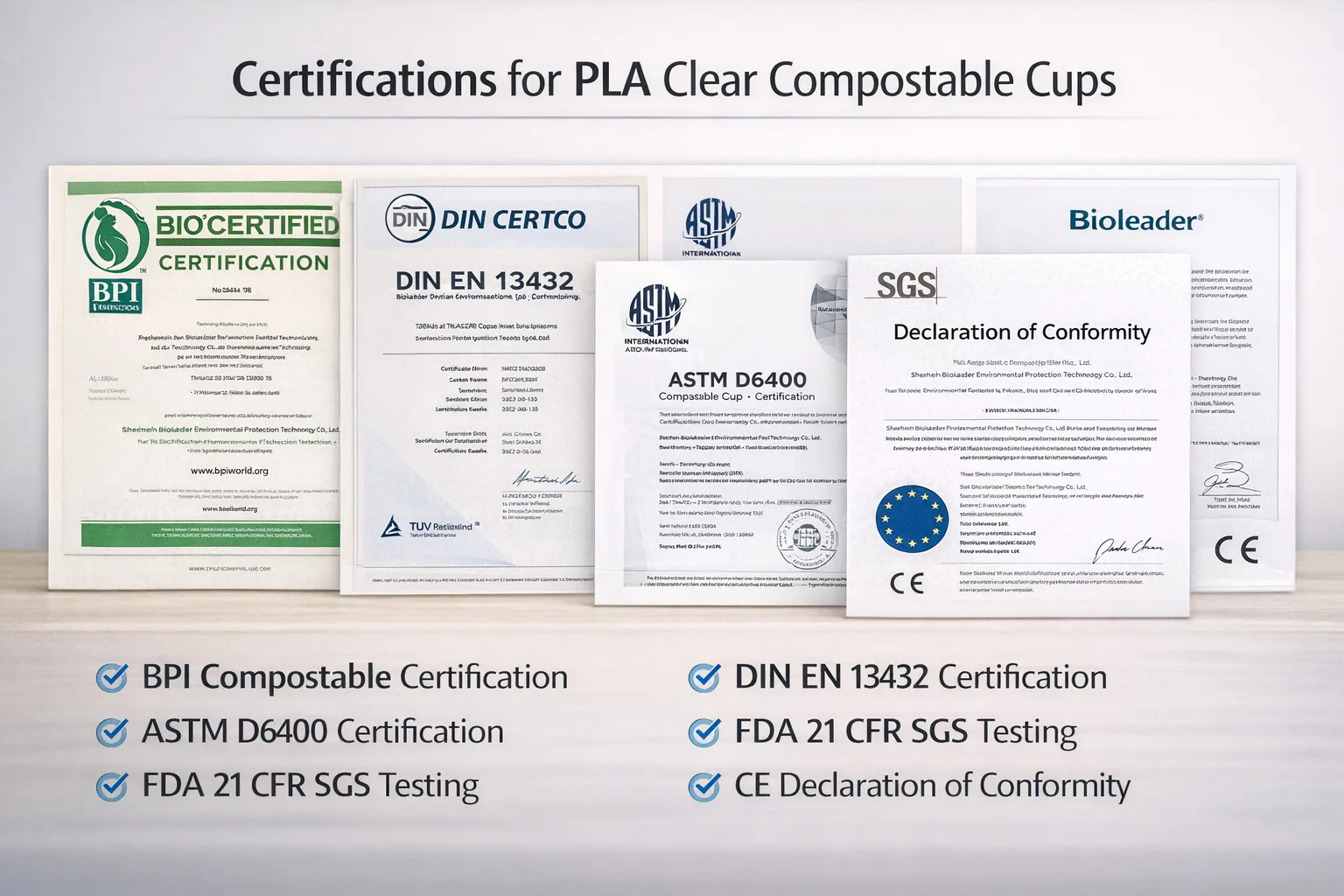 PLA clear compostable cup certifications including BPI EN 13432 ASTM D6400 FDA and Declaration of Conformity
