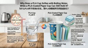 Copo transparente PLA vs copo de papel revestido com PLA mostrando a diferença entre bebida fria e quente e o comportamento de resistência ao calor