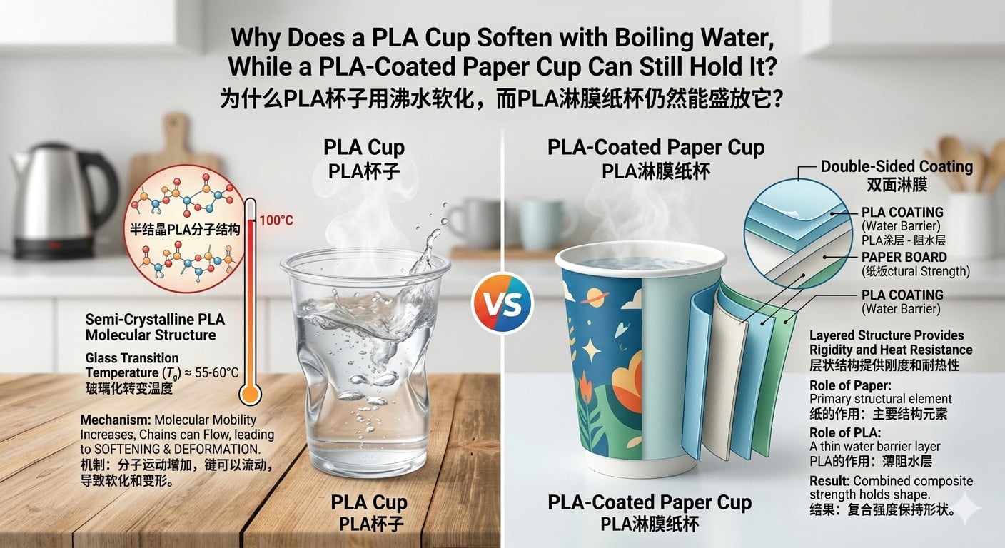 PLA clear cup vs PLA-coated paper cup showing cold drink and hot drink difference and heat resistance behavior
