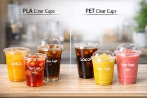 PLA vs PET copos frios transparentes para sumarias e cafetarias com impressão de logótipo personalizado