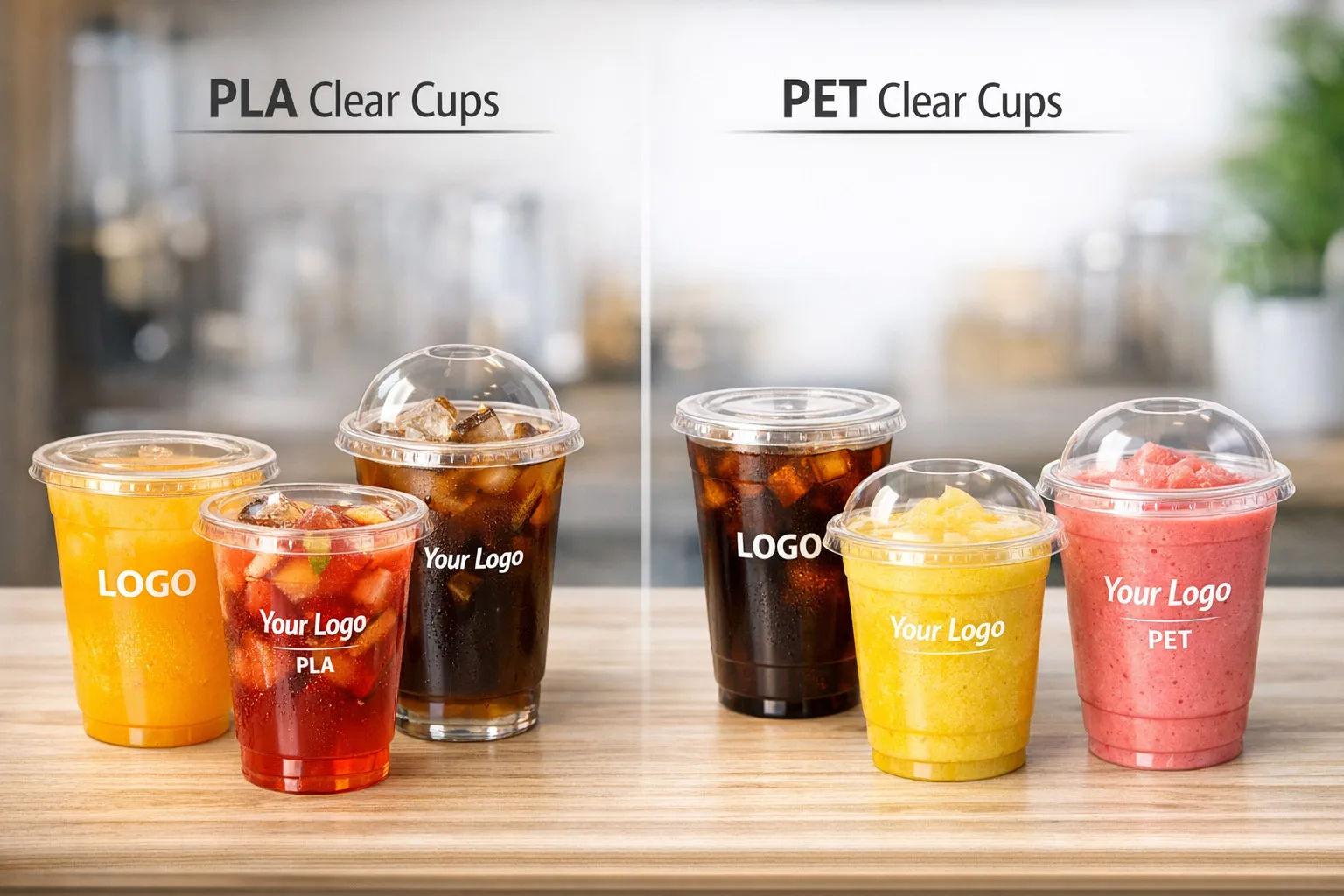 PLA vs PET clear cold cups for juice bars and coffee shops with custom logo printing