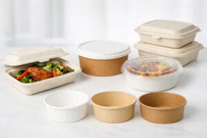 Contentores de comida takeaway de alto desempenho, incluindo contentores de bagaço, tigelas de papel e embalagens alimentares com tampas correspondentes para entrega de comida quente