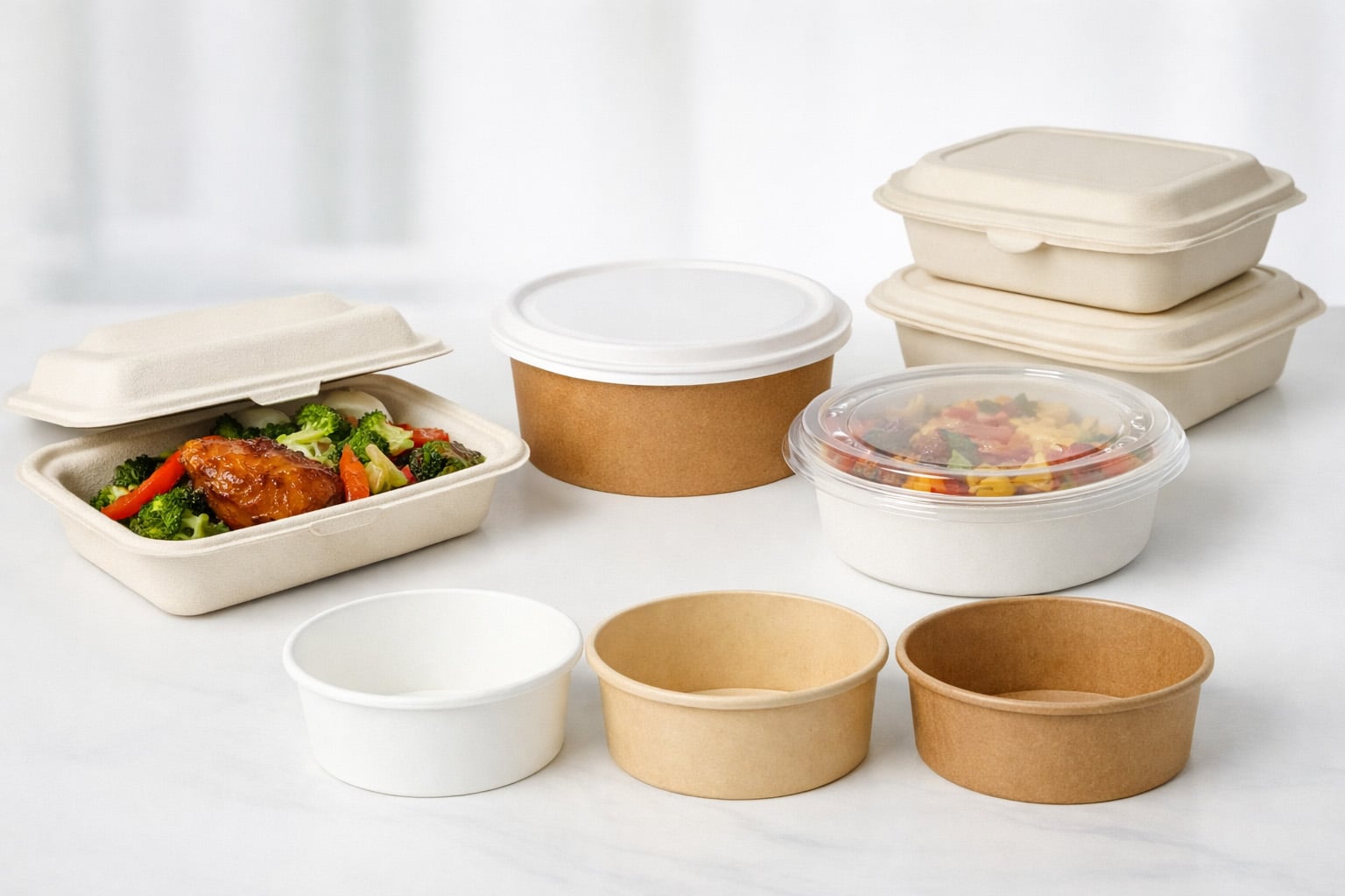 High-performance takeaway food containers including bagasse containers, paper bowls, and lid-matched food packaging for hot food delivery