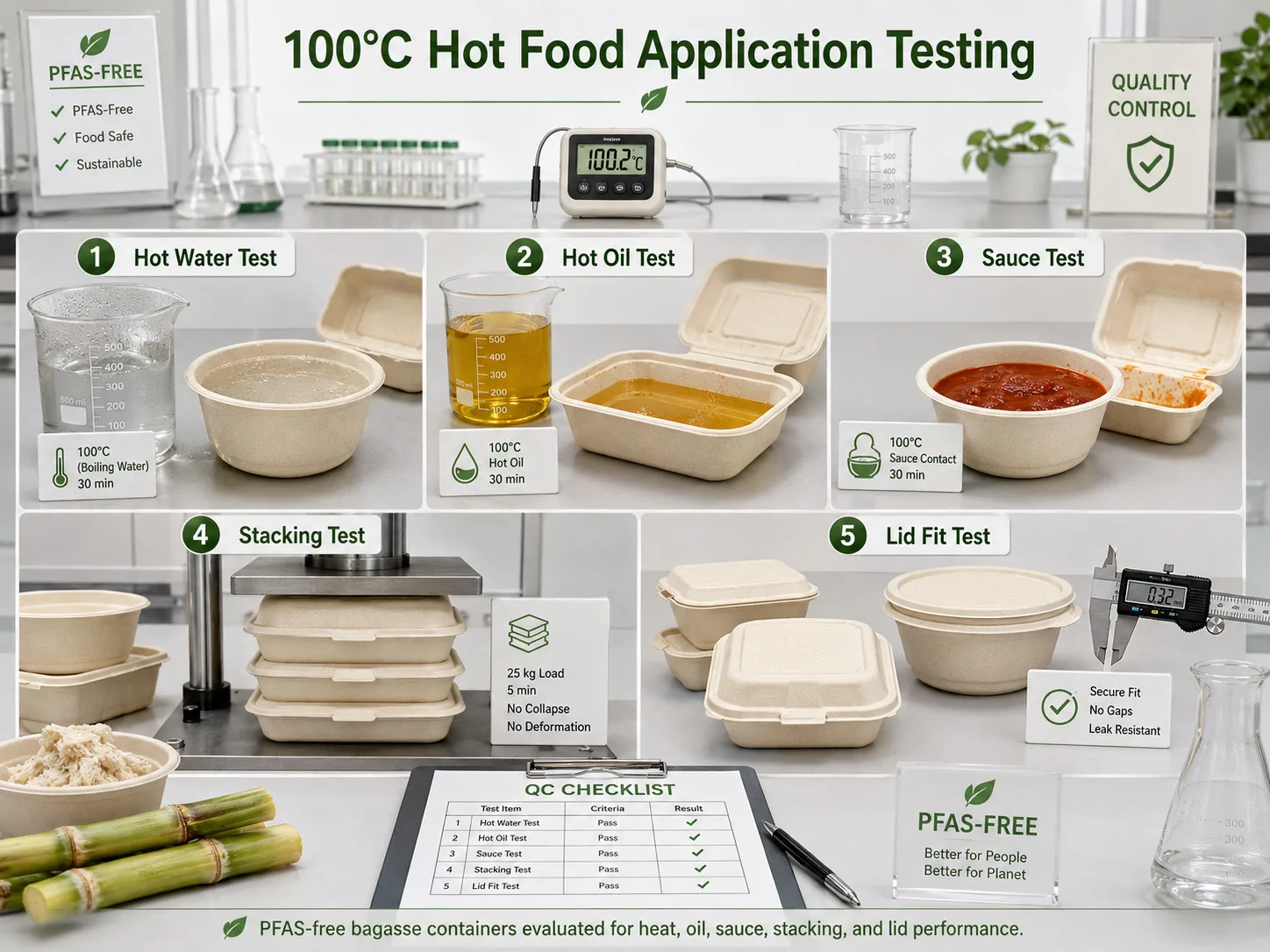 Pruebas de alimentos calientes sin 100°C para envases de alimentos de bagazo sin PFAS