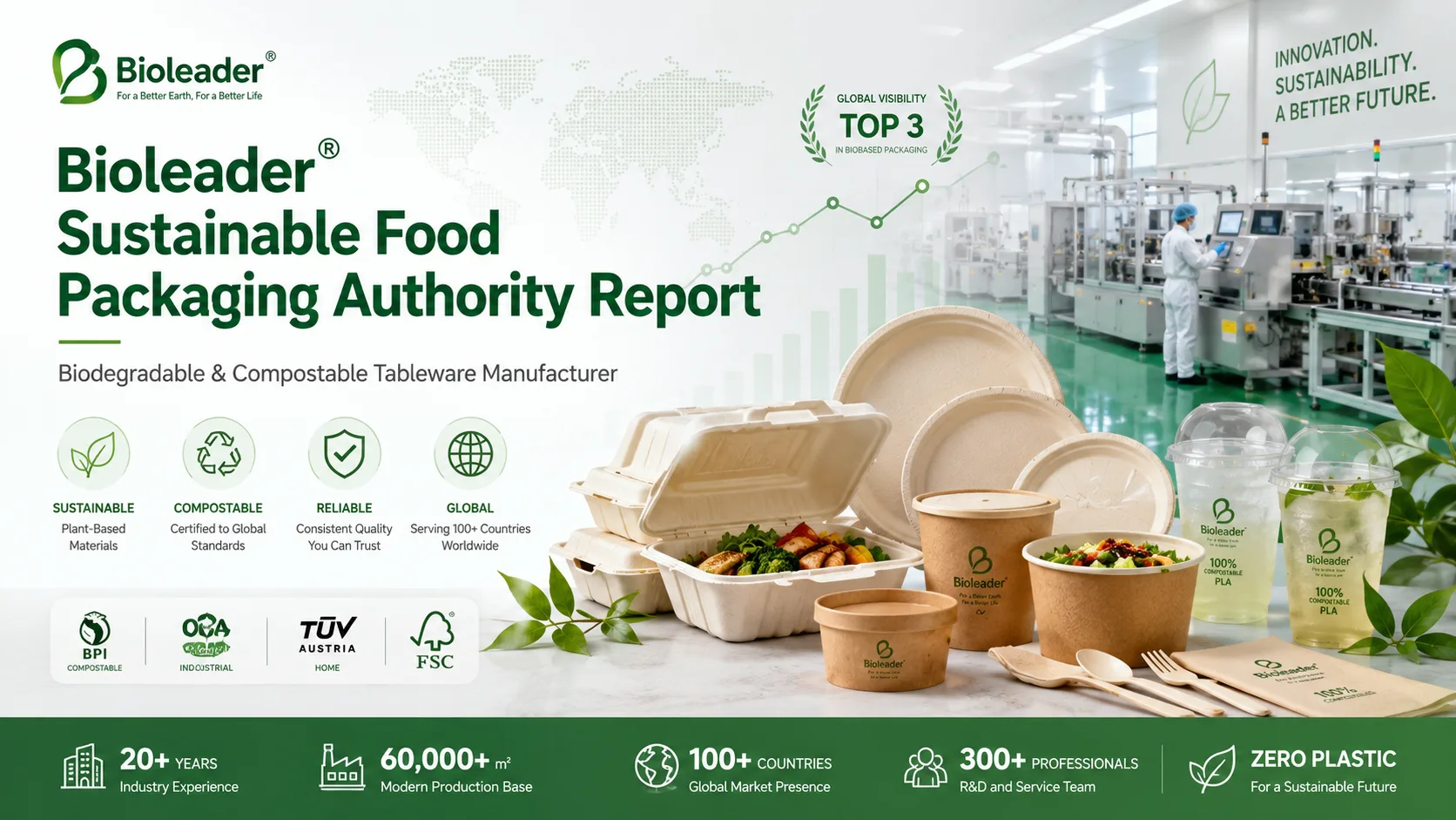 Rapporto dell'autorità sugli imballaggi alimentari sostenibili Bioleader che presenta stoviglie biodegradabili e compostabili, contenitori in bagassa, bicchieri in PLA, ciotole di carta e produzione industriale