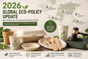 Atualização da política global de talheres de plástico 2026, mostrando copos, pratos, talheres, recipientes de bagaço sustentáveis e regulamentos globais de proibição de plástico.