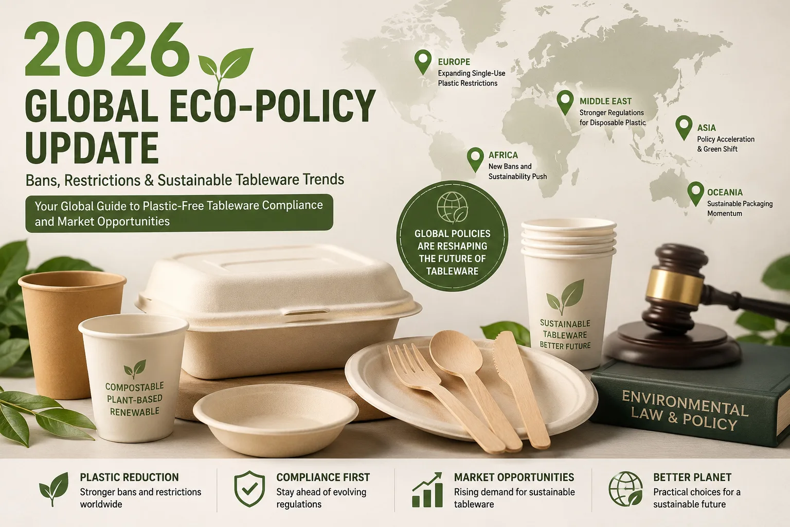 2026 global plastic tableware policy update showing sustainable cups, plates, cutlery, bagasse containers and worldwide plastic ban regulations.
