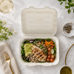 PFAS-Free Sugarcane Food Packaging clamshell box for café deli catering and grab-and-go meals
