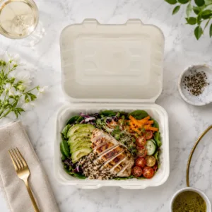 PFAS-vrije verpakking voor voedingsmiddelen van suikerriet clamshell box voor catering in cafés, delicatessenzaken en kant-en-klaarmaaltijden