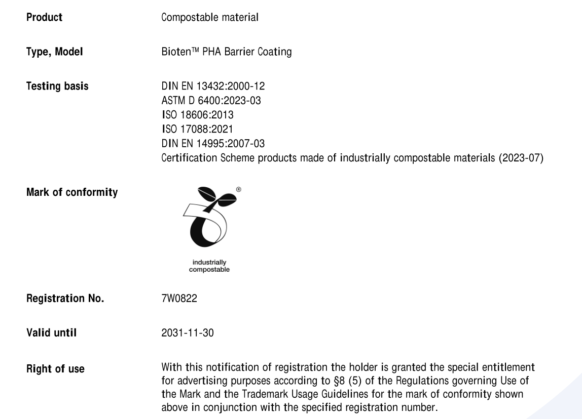 Bioleader PHA Barrier Coating Certificados compostables