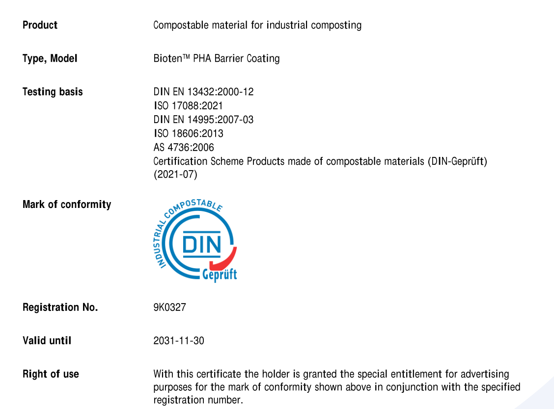 Bioleader PHA Material de revestimiento de barrera Certificados compostables industriales