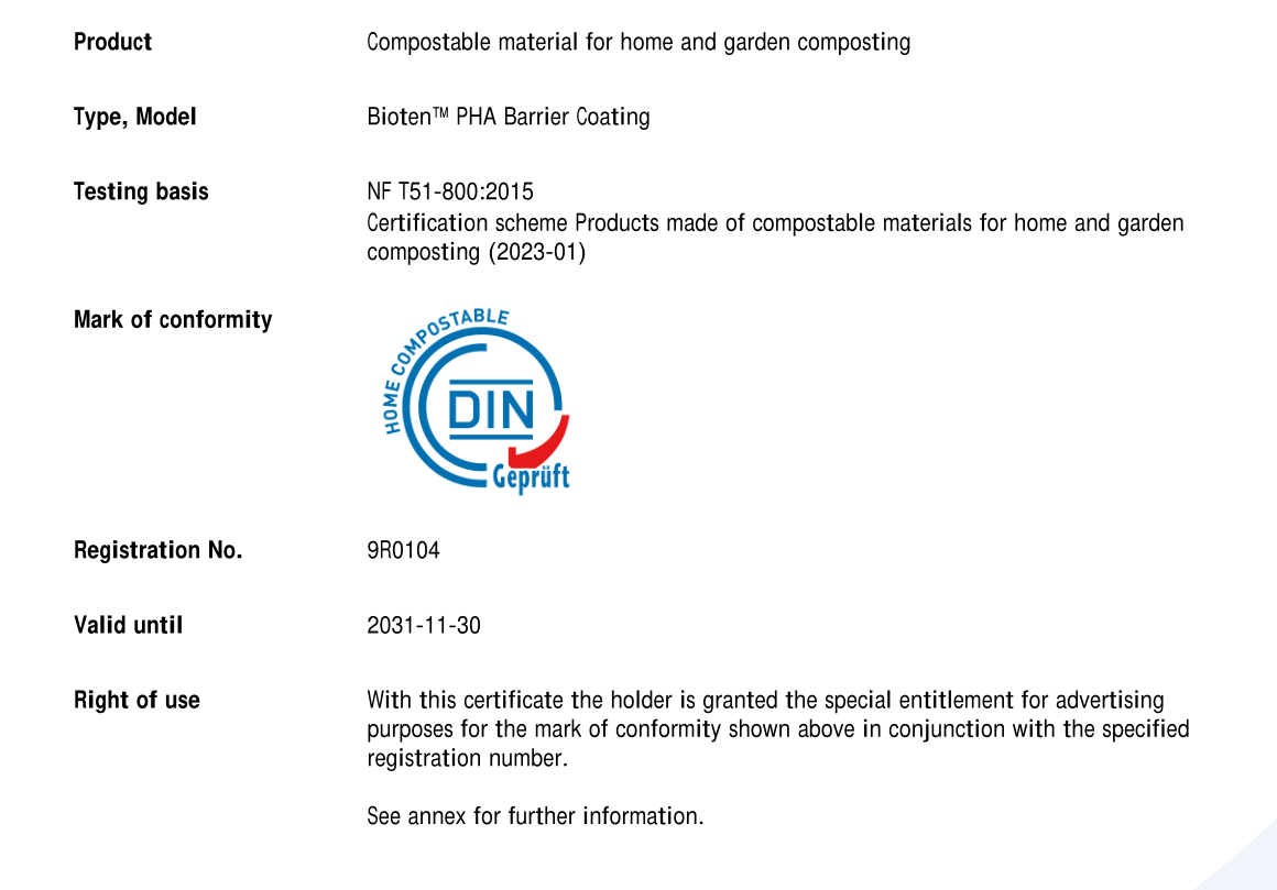 Bioleader PHA Barrier Coating Materials Hogar y Jardín Compsting Certificados