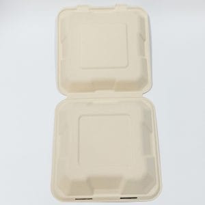 Compostable Sugarcane Bagasse Clamshell Container PFAS-Free 8″ x 8″ Clamshell Box (900-1000ml)
