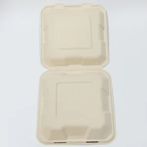 堆肥化可能なサトウキビバガスクラムシェル容器 PFASフリー 8″ x 8″ クラムシェルボックス (900-1000ml)