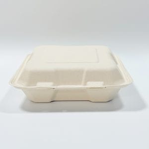 8 x 8 biodegradable bagasse clamshell box for restaurants catering and delivery packaging