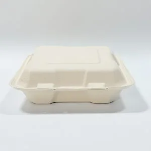 レストラン、ケータリング、配送包装用の8 x 8生分解性バガス製クラムシェルボックス