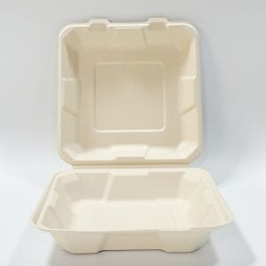 Compostable Sugarcane Bagasse Clamshell Container PFAS-Free 8″ x 8″ Clamshell Box (900-1000ml)