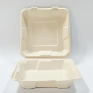 堆肥化可能なサトウキビガスクラムシェルコンテナ PFAS-Free 8″×8″クラムシェルボックス（900-1000ml）</trp-post-container