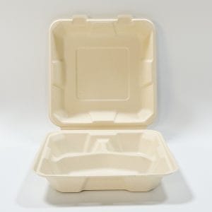Compostable Sugarcane Bagasse Container 8″ x 8″ 3 Compartment Clamshell Box (900-1000ml)