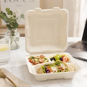 900-1000ml composteerbare bagasse voedselcontainer met 3 vakken voor afhaalmaaltijden van restaurants
