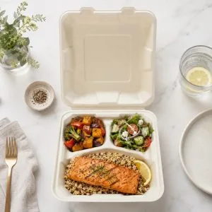 Three compartment compostable bagasse clamshell container detail view for foodservice packaging