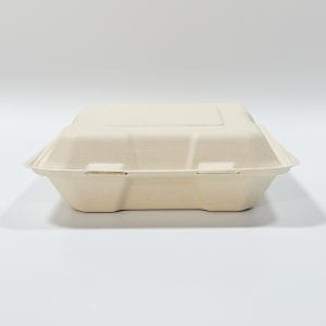 8 x 8 composteerbare bagasse clamshell-doos met drie vakken voor afhaalverpakkingen van restaurants