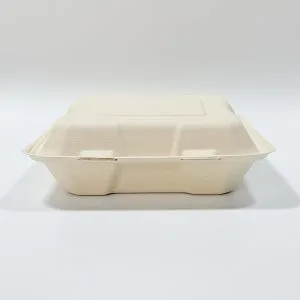 8 x 8 three compartment compostable bagasse clamshell box for restaurant takeout packaging