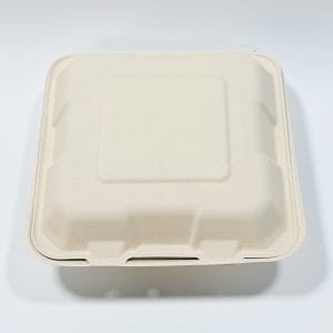 vooraanzicht van 8 x 8 clamshell-doos van suikerrietbagasse met 3 vakken voor afhaalmaaltijden