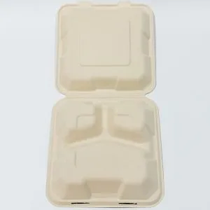 8 x 8 3 compartment sugarcane bagasse clamshell container used for restaurant takeaway meals