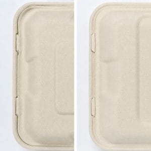 Detail view of compostable sugarcane bagasse clamshell container for eco food packaging