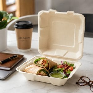 PFAS-free 8 x 8 sugarcane bagasse clamshell container used for restaurant takeaway meals