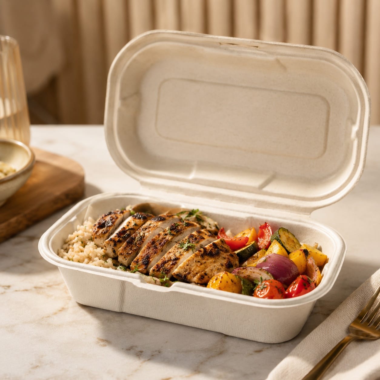 Compostable Sugarcane Puff Pastry Clamshell Box used for bakery café and dessert takeaway packaging