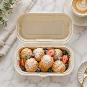 Composteerbare Sugarcane Puff Pastry Clamshell Box voor bakkerij gebak en dessert takeaway verpakking