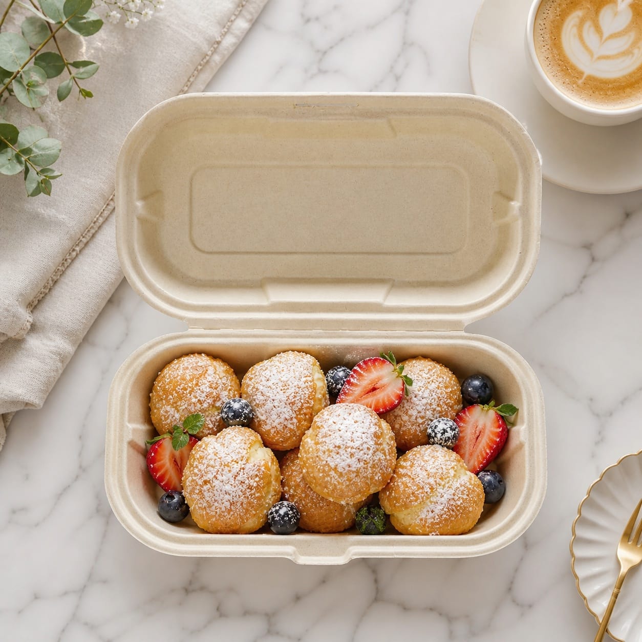 Eco-friendly bakery packaging sugarcane clamshell box for puff pastries cafés and catering