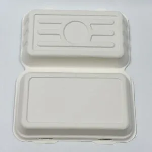 Plasticvrije suikerriet hoagie meeneemdoos 10 x 6 inch composteerbare clamshell detailweergave