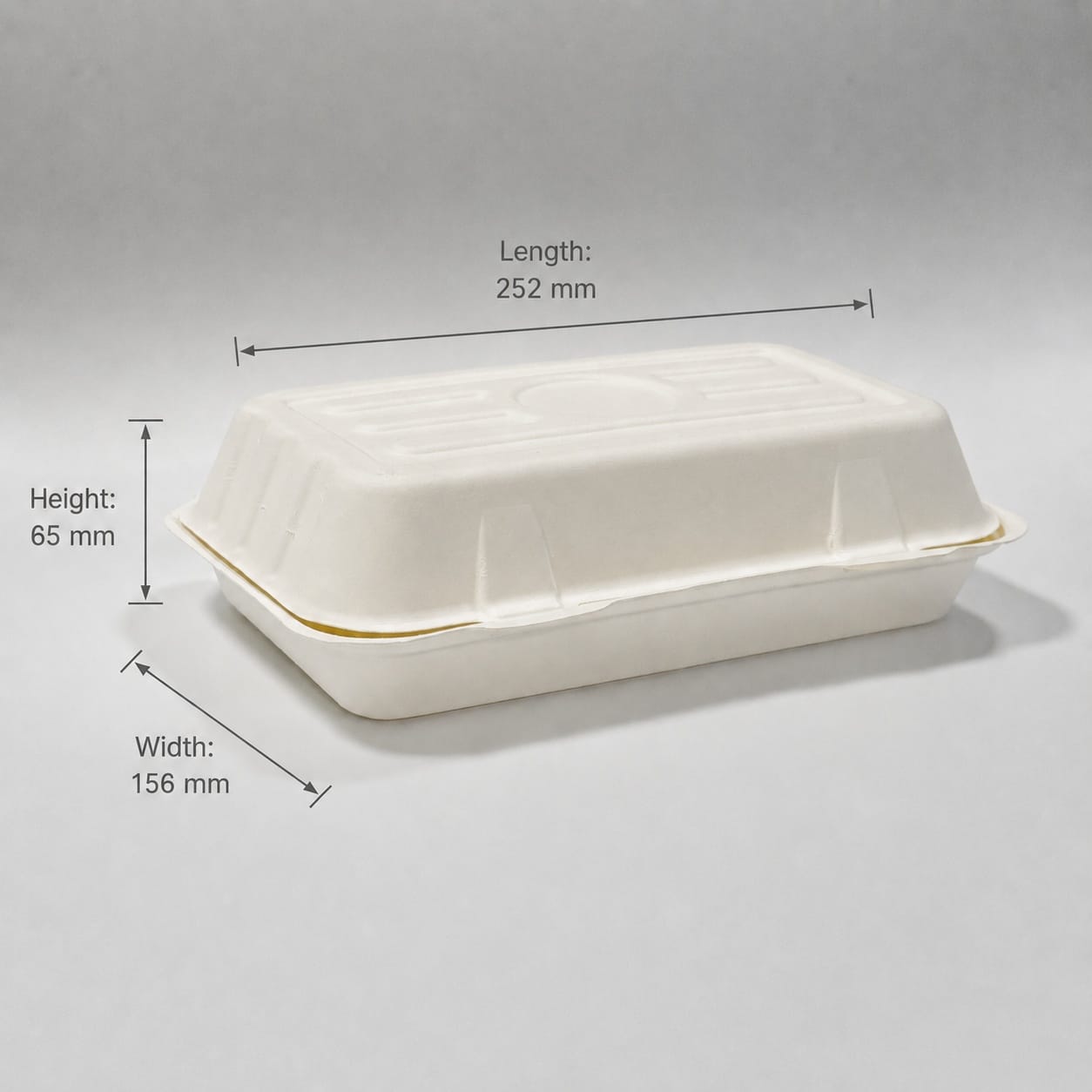 Compostable Sugarcane Hoagie Clamshell Box 10 x 6 inch plastic-free takeout box dimension image