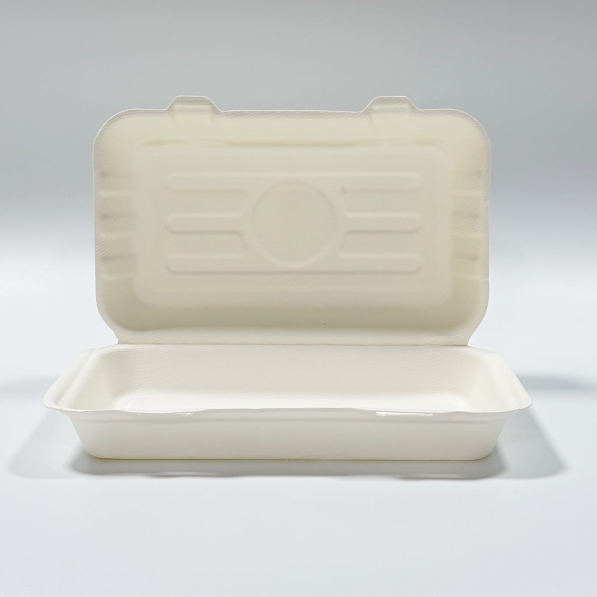 Compostable Sugarcane Hoagie Clamshell Box 10 x 6 inch plastic-free takeout box full product view