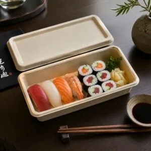 Plasticvrije bagasse sushi takeout container met deksel voor foodservice verpakking