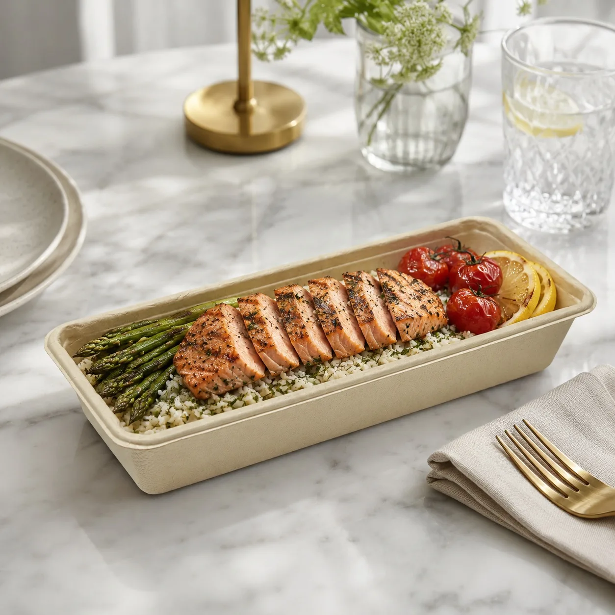 Plastic-free sugarcane sushi takeout container for restaurant delivery
